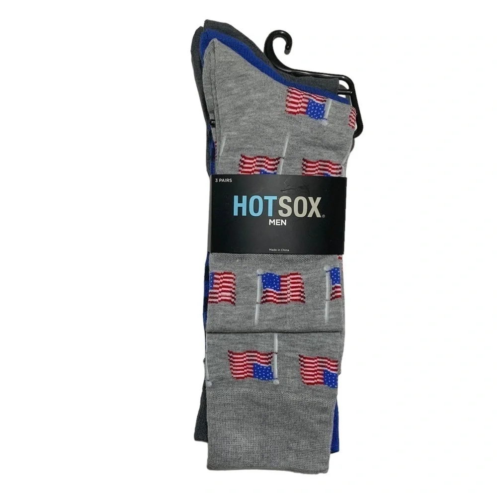 Hot Sox 3 Pack Flag Patriotic Theme Novelty Dress Crew Socks Gift Men’s Unisex